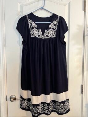 Black Mini Dress with White Embroidered Yoke and Hem